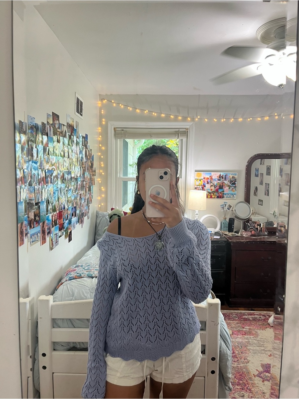 Candie's Light Blue Open-Knit Off-the-Shoulder Sweater